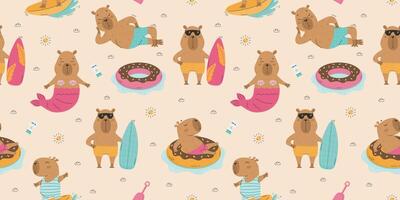 Funny summer capybaras seamless pattern vector