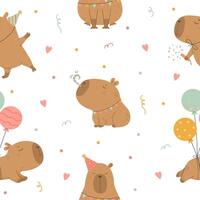 Funny capybara birthday seamless pattern vector