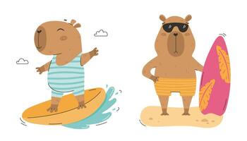 Funny capybara with surf board set vector