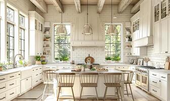 AI generated Farmhouse kitchen, bright, sleek lines photo