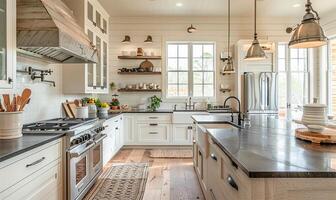 AI generated Farmhouse kitchen, bright, sleek lines photo