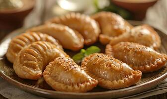 AI generated Gujiya sweet dumplings, festive plate photo