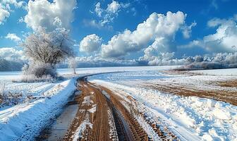 ai generado Nevado camino a escarchado bosque, azul cielo foto