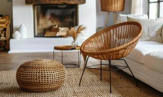 AI generated A cozy setup featuring a rattan lounge chair, wicker pouf, and white sofa near a fireplace. photo