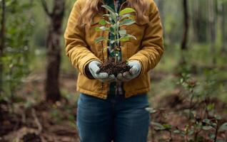 AI generated Volunteer cradling sapling, forest closeup photo