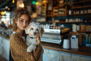 AI generated Cafe scene, woman holding her white dog photo