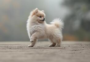 AI generated Outdoor standing white Pomeranian, paw up photo