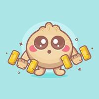 funny dim sum food character mascot doing bodybuilding using dumbbell isolated cartoon vector