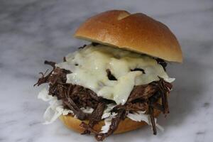 Pulled Beef Sandwich isolated on grey background side view of fastfood photo