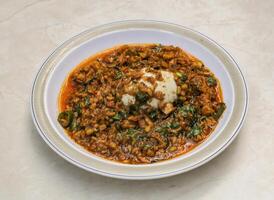 served in plate isolated on table top view of indian and pakistani spicy food photo