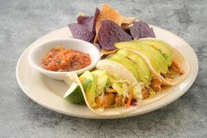 Specialty Fish Tacos with crackers served in a dish isolated on background side view of fastfood photo
