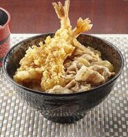 ebi tempura y gyu don servido en un plato aislado en de madera mesa antecedentes lado ver de Singapur comida foto