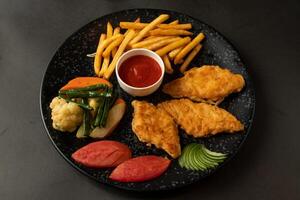 Grilled Fish and chips, fries, ketchup and swatted vegetables served in dish isolated on background top view of bangladesh and indian food photo