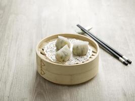 Steamed Dumpling in Steamed Dumpling in Teochew Style served in a wooden bowl isolated on mat side view on grey background Style served in a dish isolated on mat side view on grey background photo