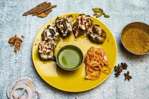 Spicy bbq Chicken Hariyali tikka boti Kebab or green chicken kabab with chili sauce served in a dish isolated on grey background top view of bangladesh food photo