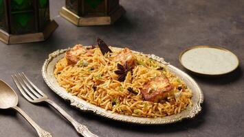 Paneer tikka Biryani with raita served in a dish side view on dark background photo