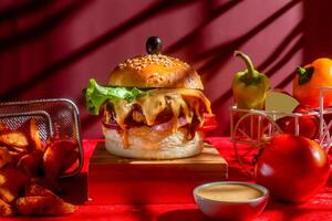 Tongue Twister Beef Naga burger with fries and tomato slice isolated on wooden board side view of american street food photo