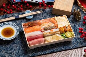 ultimate donburi in a dish with chopsticks isolated on mat side view of taiwan food photo