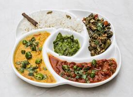 served in plate isolated on table top view of indian and pakistani spicy food photo