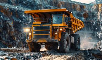 AI generated Big yellow truck working in large quarry photo