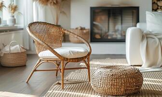 AI generated A cozy setup featuring a rattan lounge chair, wicker pouf, and white sofa near a fireplace. photo