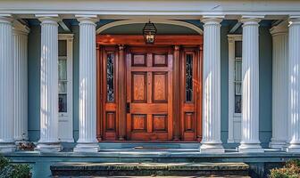 ai generado el principal Entrada puerta de el casa caracteristicas un encantador de madera frente puerta con un a dos aguas porche y aterrizaje. foto