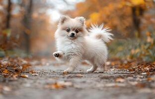 AI generated Outdoor standing white Pomeranian, paw up photo