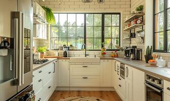 AI generated Farmhouse kitchen, bright, sleek lines photo