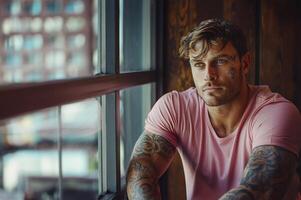 AI generated Calm man, pink shirt, tattooed arms, window gaze photo