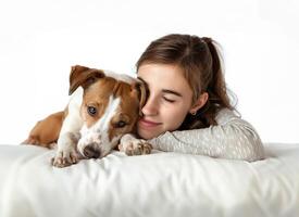 ai generado mujer cariñosamente abrazando y besos perro foto