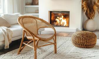 AI generated A cozy setup featuring a rattan lounge chair, wicker pouf, and white sofa near a fireplace. photo