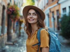 ai generado alegre mujer turismo un nuevo ciudad foto