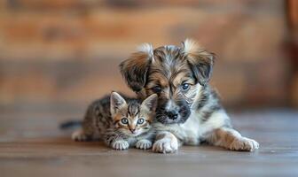 AI generated Small puppy cuddling tiny kitten photo