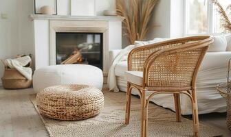 AI generated A cozy setup featuring a rattan lounge chair, wicker pouf, and white sofa near a fireplace. photo