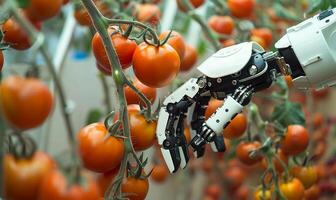 AI generated Future farm tech, robot arm picking tomatoes photo