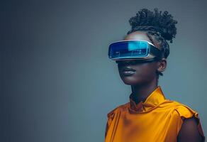 ai generado negro mujer en virtual realidad engranaje foto