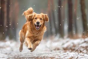 AI generated Golden retrievers joyfully running, winter forest photo