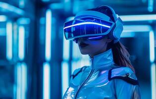 ai generado futurista mujer con realidad virtual, neón azul foto