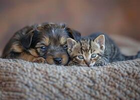 AI generated Small puppy cuddling tiny kitten photo