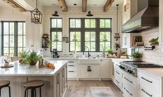 AI generated Farmhouse kitchen, bright, sleek lines photo