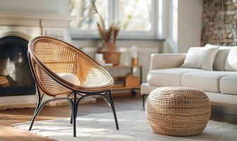 AI generated A cozy setup featuring a rattan lounge chair, wicker pouf, and white sofa near a fireplace. photo