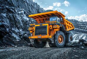 AI generated Big yellow truck working in large quarry photo