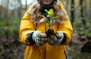 AI generated Volunteer cradling sapling, forest closeup photo