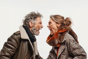 AI generated Middle-aged couple arguing loudly, set against a stark white backdrop photo