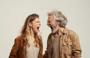 AI generated Middle-aged couple arguing loudly, set against a stark white backdrop photo