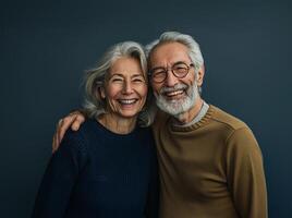 ai generado alegre mayor pareja, felizmente sonriente foto