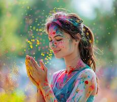 AI generated Woman enjoying Holi color play photo