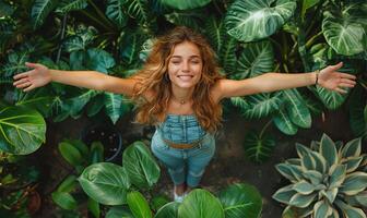 AI generated Girl with arms wide, surrounded by plants photo