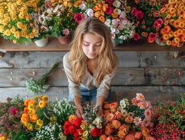 AI generated Young blond with flower bouquet photo