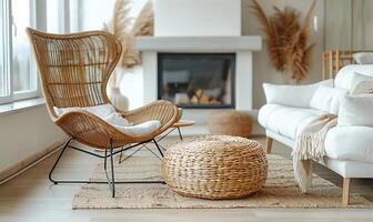 AI generated A cozy setup featuring a rattan lounge chair, wicker pouf, and white sofa near a fireplace. photo